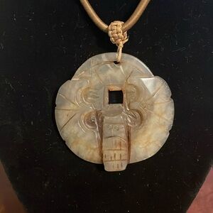 Chinese Jade Type Carved Disc Pendant on Adjustable Cord Plus Bonus Pendant